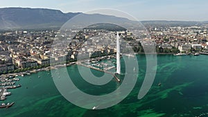 Beautiful Aerial drone flight over fontain Jet D`Eau at Geneve lake, Geneva Switzerland, 4k.