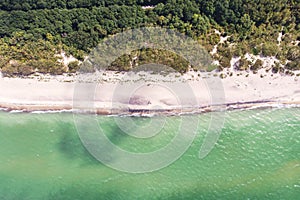 Beautiful aerial drone wide view of Curonian spit, Kurshskaya Kosa National Park, Curonian Lagoon and the Baltic Sea,  Kaliningrad