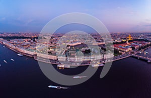 Beautiful aerial evning view in the white summer nights of St Petersburg, Russia, Hermitage at sunset, palace square, St