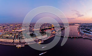 Beautiful aerial evning view in the white summer nights of St Petersburg, Russia, Hermitage at sunset, palace square, St