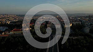 Beautiful aerial footage of Prague during sunset, cityscape, Czech Republic, 4k
