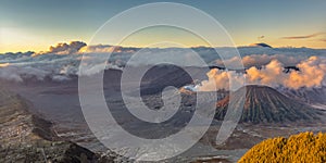 Beautiful aerial image of Mount BROMO with cloud and eruption background