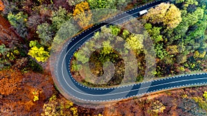 Beautiful aerial landscape of mountain forest road. Aerial view of curvy road in beautiful autumn forest. Top view of roadway with