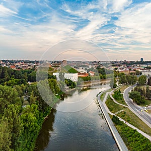 Beautiful aerial landscape of Neris river winding through Vilnius city