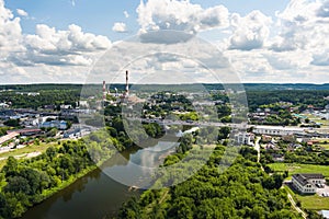 Beautiful aerial landscape of Neris river winding through Vilnius city
