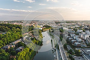 Beautiful aerial landscape of Neris river winding through Vilnius city