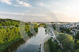 Beautiful aerial landscape of Neris river winding through Vilnius city