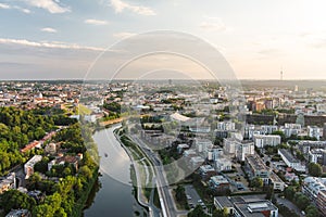 Beautiful aerial landscape of Neris river winding through Vilnius city