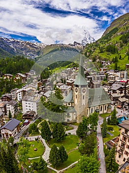 Beautiful aerial view of Zermatt Valley and Matterhorn Peak, Switzerland