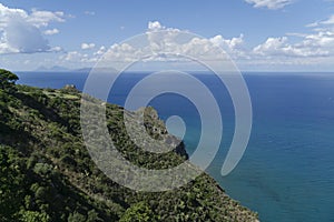Beautiful aerial mediterranean sea landscape with rocky forest mountains of sicily coast