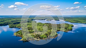 Beautiful aerial panorama of the Saimaa lake areas and boreal forests in Finland