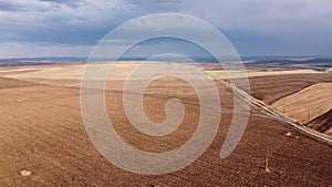 Beautiful aerial panoramic view of autumn countryside landscape. Agricultural fields near Karnobat, Bulgaria