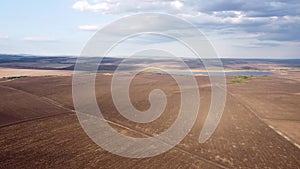 Beautiful aerial panoramic view of autumn countryside landscape. Agricultural fields near Karnobat, Bulgaria