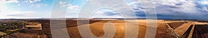 Beautiful aerial panoramic view of autumn countryside landscape. Agricultural fields near Karnobat, Bulgaria