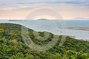 Beautiful aerial panoramic view of the city of Sanya city from Luhuitou Park. Hainan, China