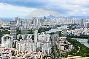 Beautiful aerial panoramic view of the city of Sanya city from Luhuitou Park. Hainan, China