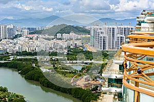 Beautiful aerial panoramic view of the city of Sanya city from Luhuitou Park. Hainan, China
