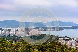 Beautiful aerial panoramic view of the city of Sanya city from Luhuitou Park. Hainan, China