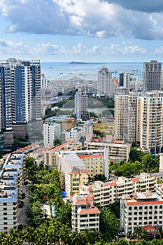 Beautiful aerial panoramic view of the city of Sanya city from Luhuitou Park. Hainan, China