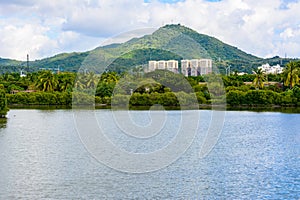 Beautiful aerial panoramic view of the city of Sanya city from Luhuitou Park. Hainan, China