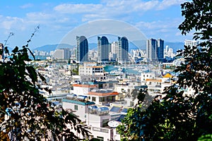 Beautiful aerial panoramic view of the city of Sanya city from Luhuitou Park. Hainan, China