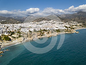 Beautiful aerial panoramic view of Nerja city from Costa del Sol Spain a Top touristic holiday destination