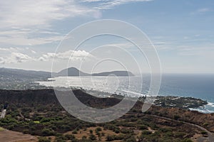 Beautiful aerial panoramic view from the top of the Diamond Head mountain on Oahu