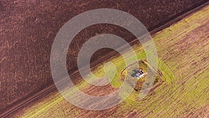 Beautiful aerial panoramic view of winter countryside landscape. Agricultural fields near Karnobat, Bulgaria