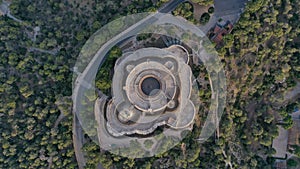 Beautiful aerial photography of the famous and old Bellver Castle, located in the bay of Palma de Mallorca, Balearic