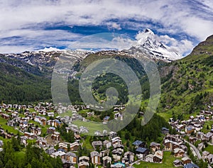 Beautiful aerial scenery on Zermatt Valley and Matterhorn Peak, Switzerland