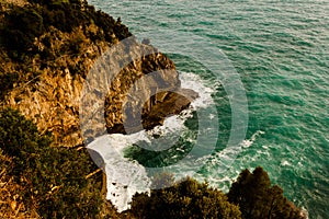 Beautiful aerial sea landscape view of of Amalfi coast, Italy from the cliff to stone beach