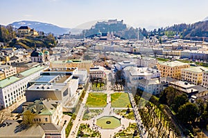 Beautiful aerial shot of the Mirabell Gardens and the buildings in Salzburg, Austria