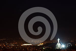 Beautiful aerial shot of the Mother Armenia Monument during a magical Yerevan night