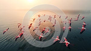 Beautiful aerial shot of pink flamingoes big flock flying over huge lake water surface with picturesque, breathtaking sunset.