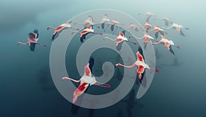 Beautiful aerial shot of pink flamingoes big flock flying over huge lake water surface with picturesque, breathtaking sunset. photo