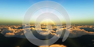 Beautiful aerial view above clouds with sunset. 3d illustration