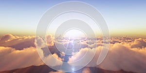 Beautiful aerial view above clouds with sunset. 3d illustration