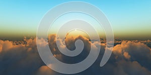 Beautiful aerial view above clouds with sunset. 3d illustration