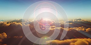 Beautiful aerial view above clouds with sunset. 3d illustration