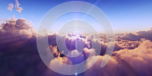 Beautiful aerial view above clouds with sunset. 3d illustration