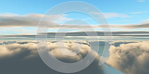 Beautiful aerial view above clouds with sunset. 3d illustration