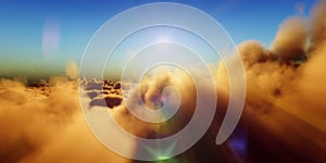 Beautiful aerial view above clouds with sunset. 3d illustration