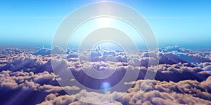 Beautiful aerial view above clouds with sunset. 3d illustration