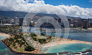 Beautiful aerial view of Magic Island Ala Moana Waikiki Honolulu Harbor Oahu Hawaii