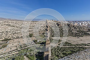 Beautiful aerial view of the Alcazaba wall with the city of AlmerÃ­a in the background