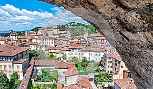 Beautiful aerial view of Bergamo Alta cityscape framed by wall,