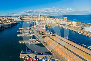 Beautiful aerial view of boats anchored in the port in of the city of Barcelona