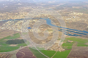 Beautiful aerial view of Bratislava. Capital of Slovakia republic cityscape from airplane. Danube river panoramic landscape