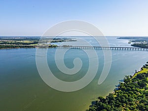 Beautiful aerial view of a bridge over Lake Waco in Texas photo