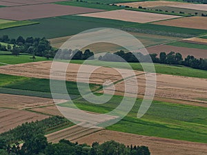 Beautiful aerial view of brown and green colored agricultural fields with trees in between viewed from Limburg hill.